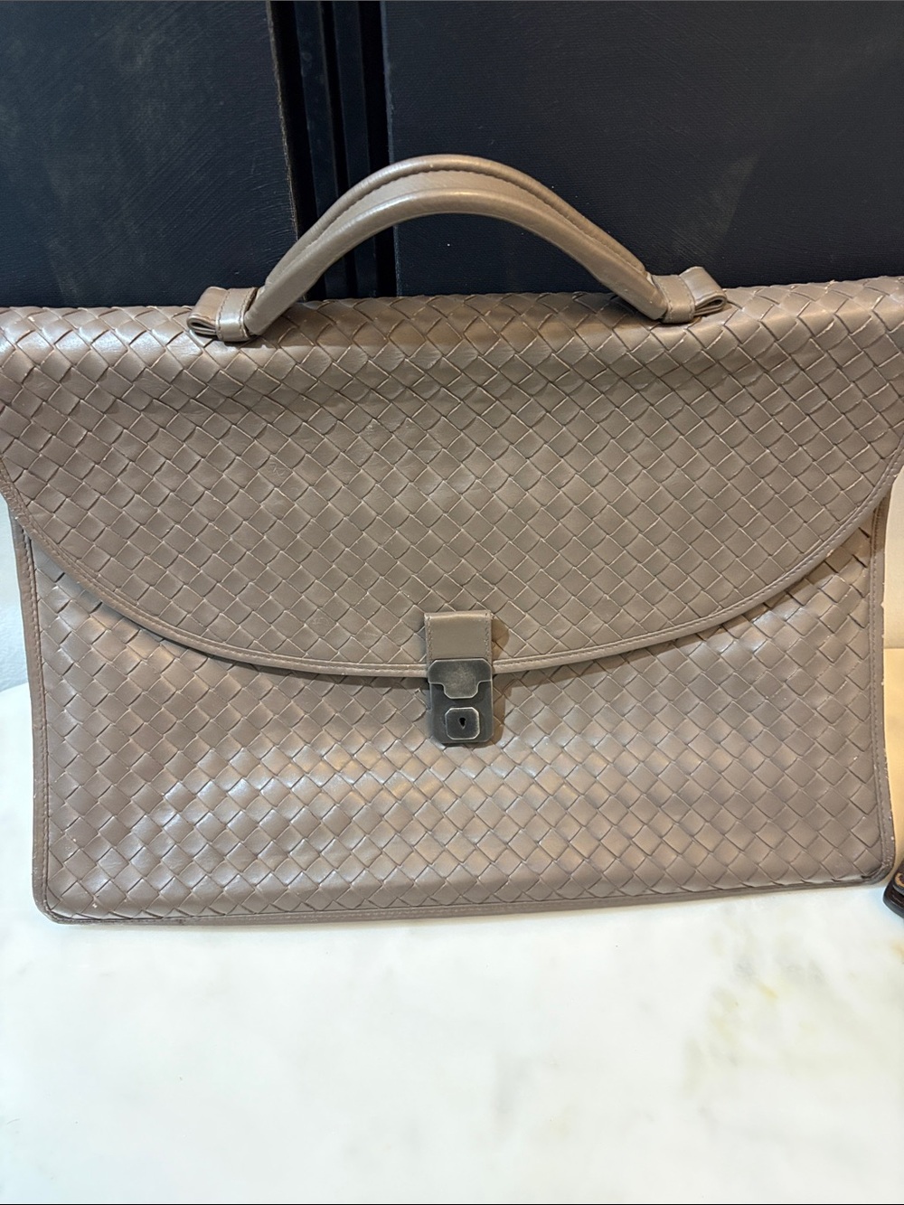 Bottega Veneta Taupe Woven Leather Laptop Briefcase